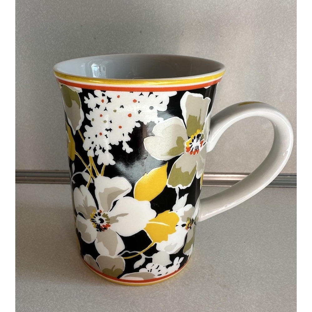 Vera Bradley "Dogwood" Floral Print Porcelain Mug Flowers Black Yellow White